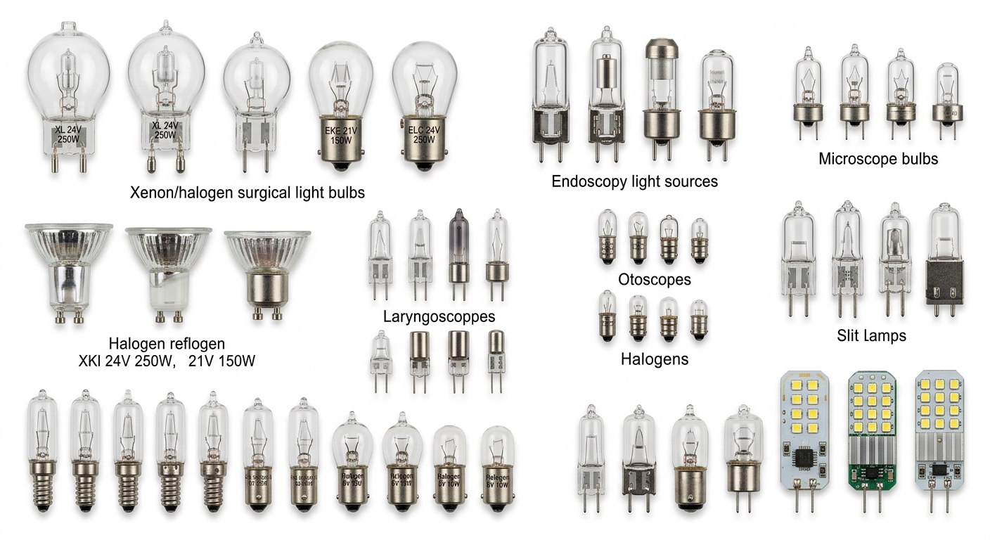 Lâmpadas para Equipamentos Médicos (Fonte de Luz, Laringoscópio, Otoscópio, Microscópio, Lâmpada de Fenda, Projetor Oftalmo, Foco Cirúrgico, Retinoscópio)
